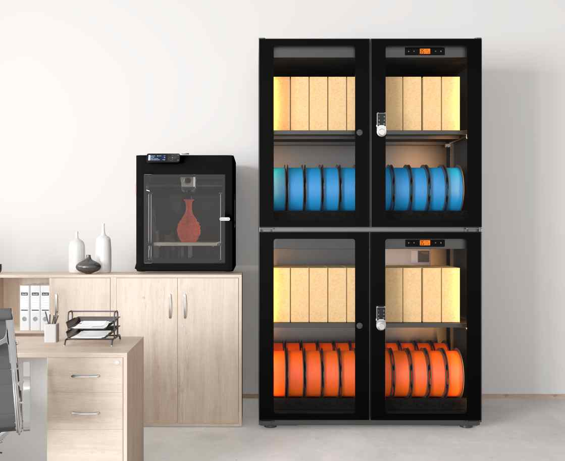 Supplier catalogue illustration of desktop and floor-standing filament storage cabinets